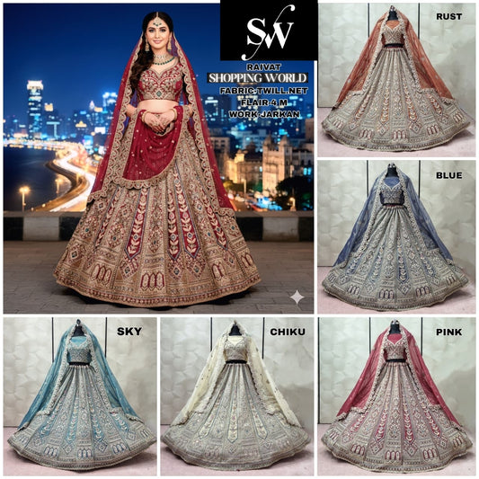 Fabulous Rust Orange Blue pink Sky blue Chiku golden Pink Twill Net Lehenga