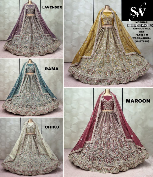 Fantastic Maroon Mustard Lavender Rama green Chiku golden Twill Net Lehenga