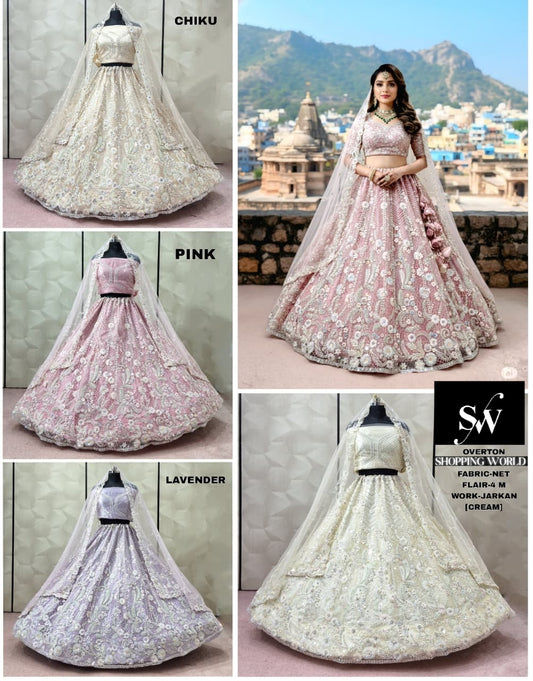 Awesome pink Chiku Lavender cream White Net Lehenga
