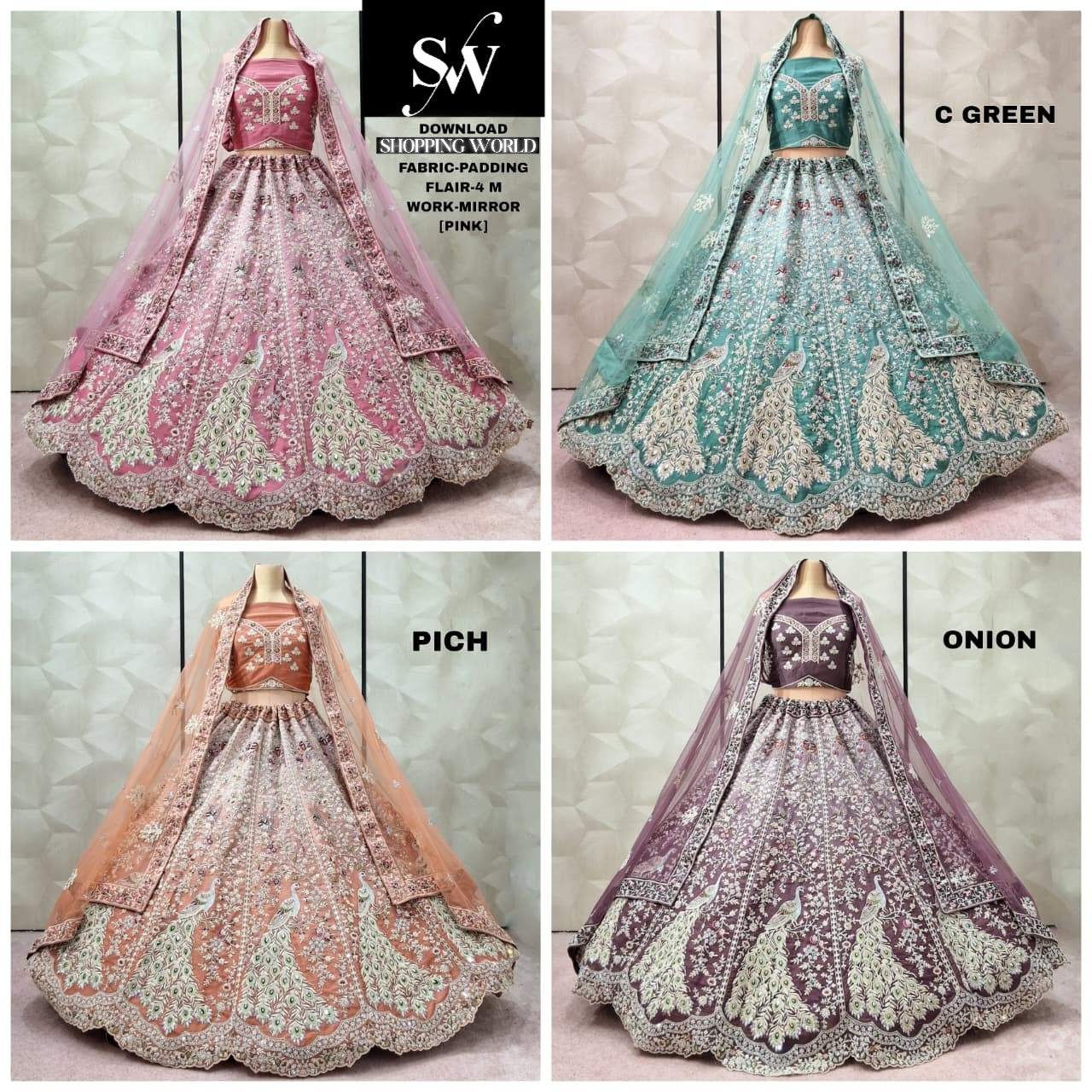 Elegant pink green pich Onion pink padding Mirror Work Lehenga