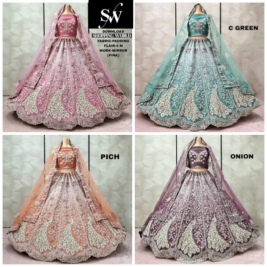 Elegant pink green pich Onion pink padding Mirror Work Lehenga