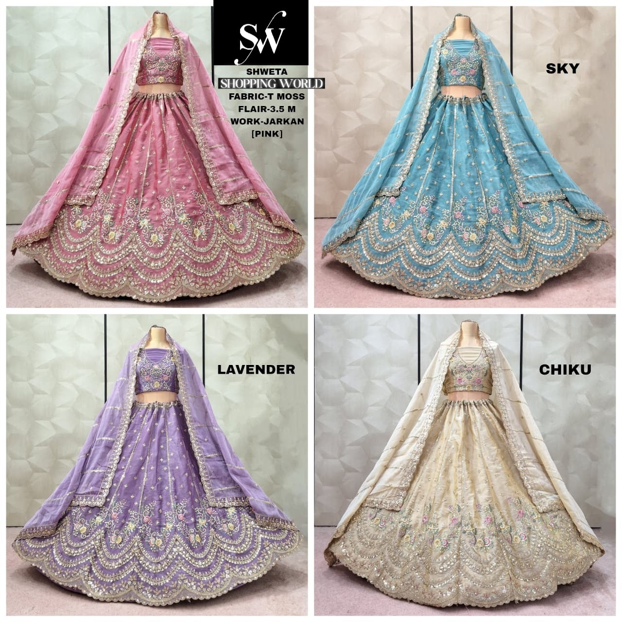 Peacock Sky blue Pink Lavender Chiku Golden T Moss Lehenga