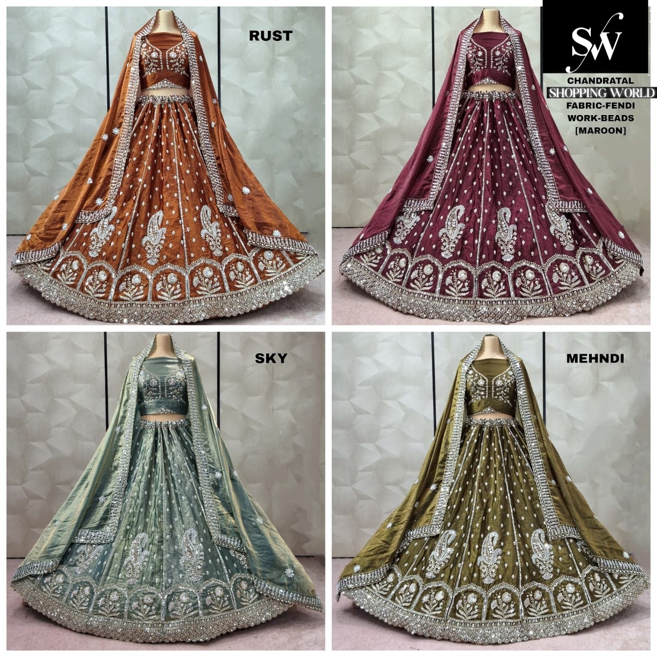 Embellished Rust Orange Sky blue Mehendi Green Maroon Fendi Lehenga