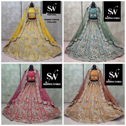 Charming pink Yellow Mehendi Rust Orange Tissue Lehenga
