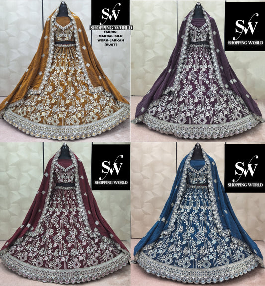Pleasing Rust Orange Maroon Purple Sky blue Marbal Silk Lehenga