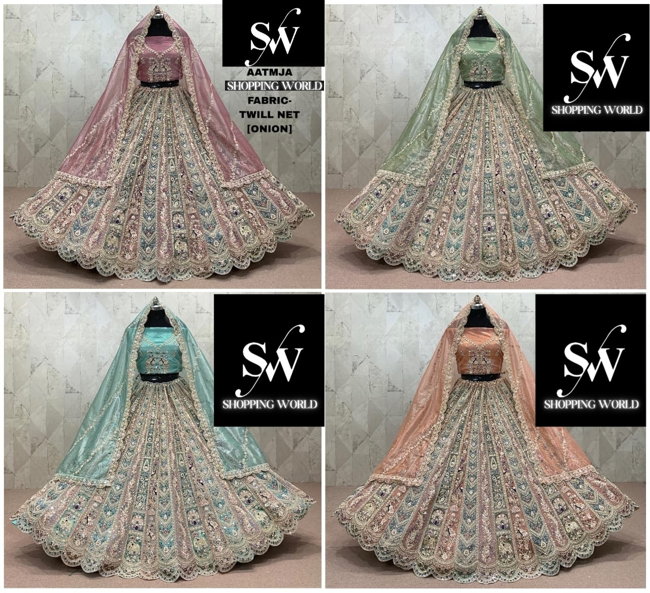 Beautiful onion pink pista green Sky blue peach Net Lehenga