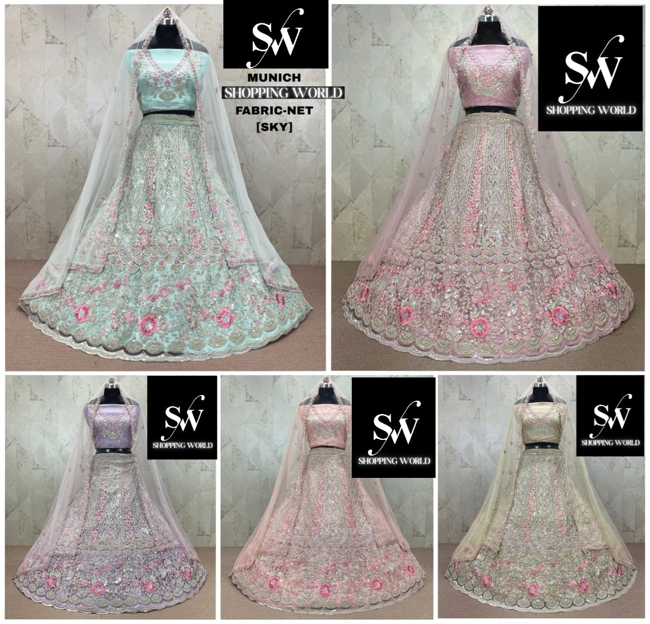 Pretty Sky blue pink Lavender Baby pink golden Net Lehenga