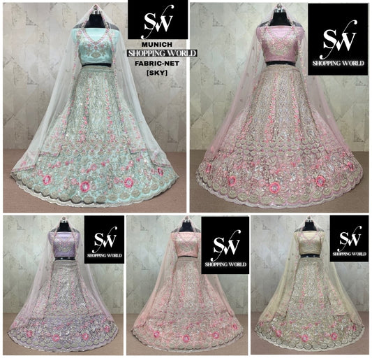 Pretty Sky blue pink Lavender Baby pink golden Net Lehenga