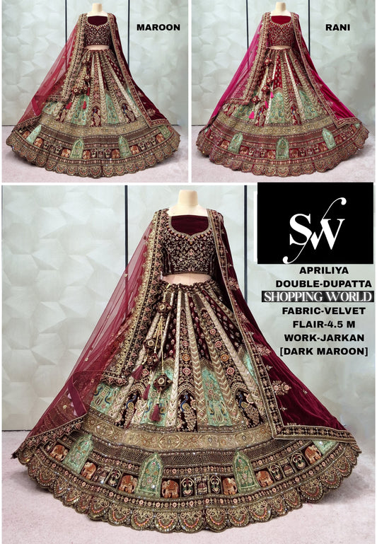 Good looking Dark Maroon Rani pink Maroon Velvet peacock Bridal Lehenga