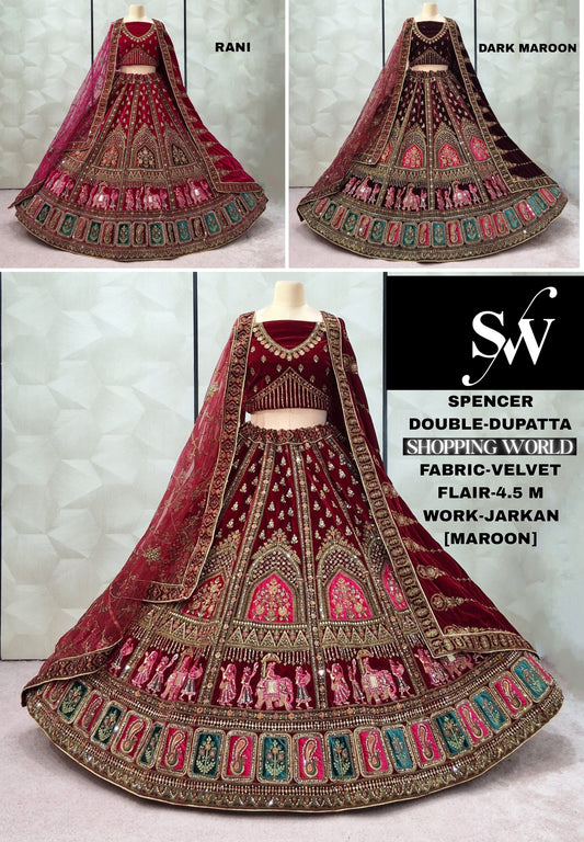 Stunning Dark Maroon Rani pink Maroon Velvet Doli Barat Bridal Lehenga