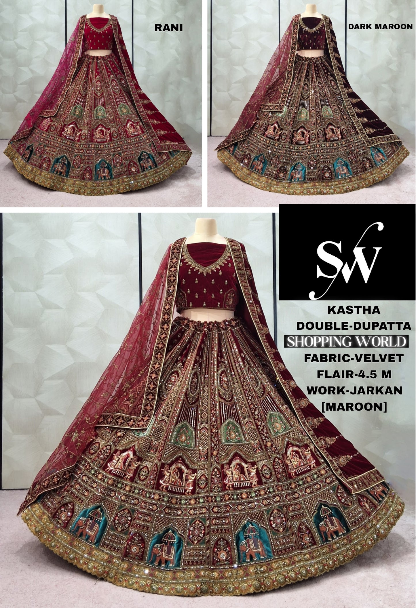 Glamorous Dark Maroon Rani pink Maroon Velvet Bridal Lehenga