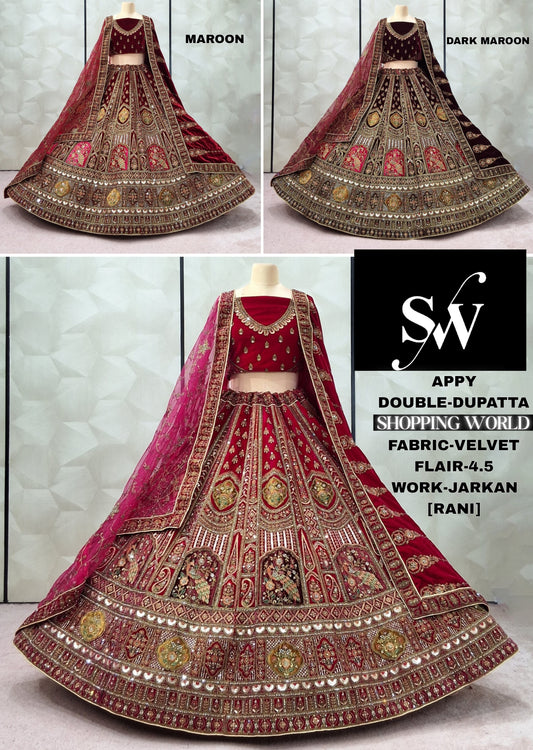 Astonishing Dark Maroon Rani pink Maroon Velvet Bridal Lehenga