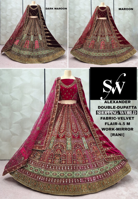 Attractive Dark Maroon Rani pink Maroon Velvet Bridal Lehenga