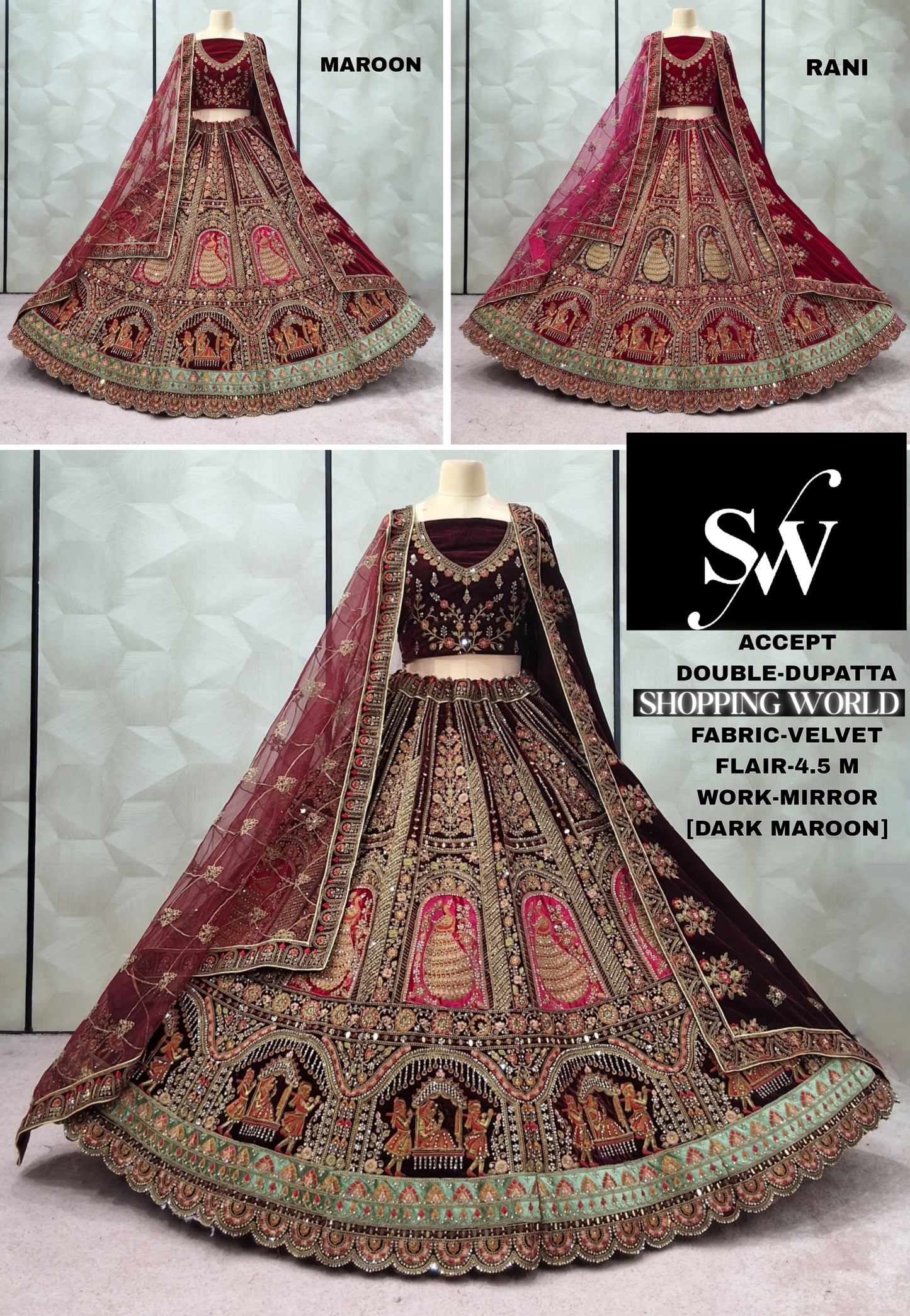Fabulous Dark Maroon Rani pink Maroon peacock Velvet Bridal Lehenga