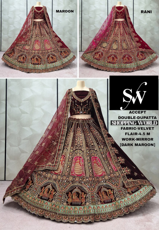 Fabulous Dark Maroon Rani pink Maroon peacock Velvet Bridal Lehenga