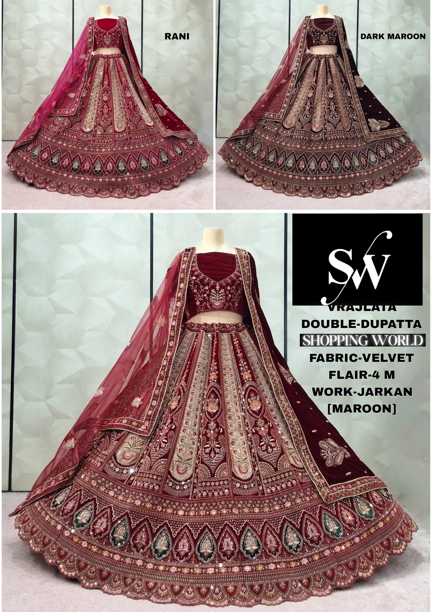 Fantastic Dark Maroon Rani pink Maroon Velvet Bridal Lehenga