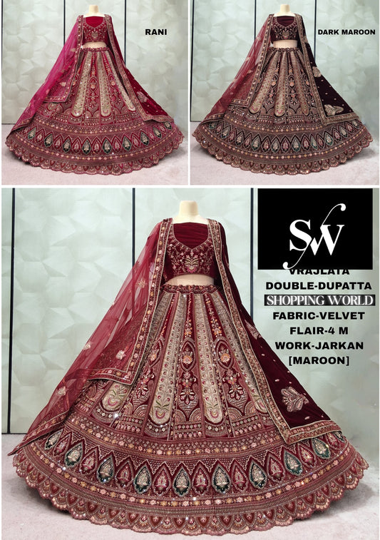 Fantastic Dark Maroon Rani pink Maroon Velvet Bridal Lehenga