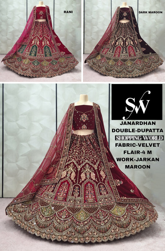 Awesome Dark Maroon Rani pink Maroon peacock Velvet Bridal Lehenga