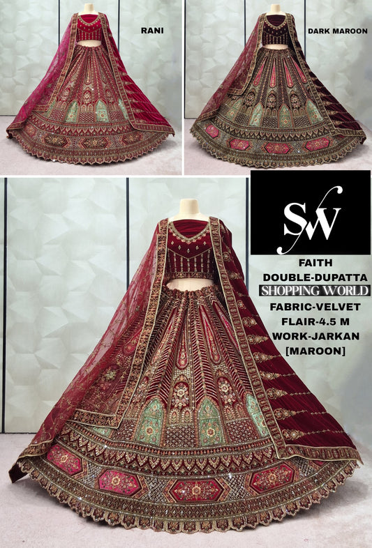 Amazing Dark Maroon Rani pink Maroon Velvet Bridal Lehenga
