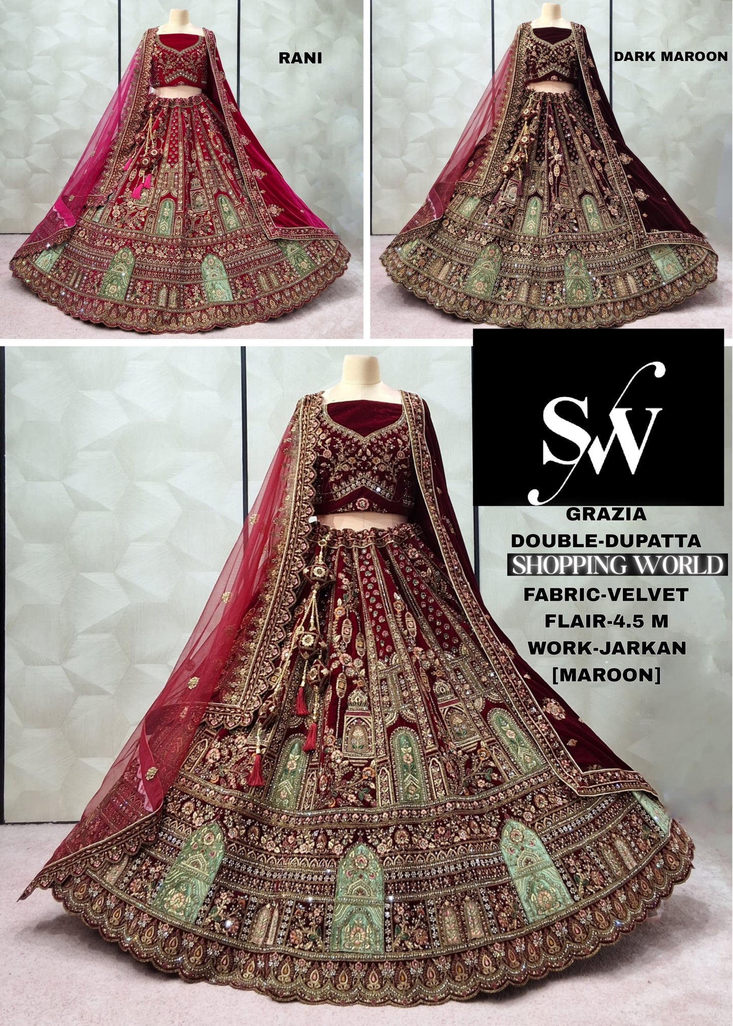 Engaging Dark Maroon Rani pink Maroon Velvet Bridal Lehenga