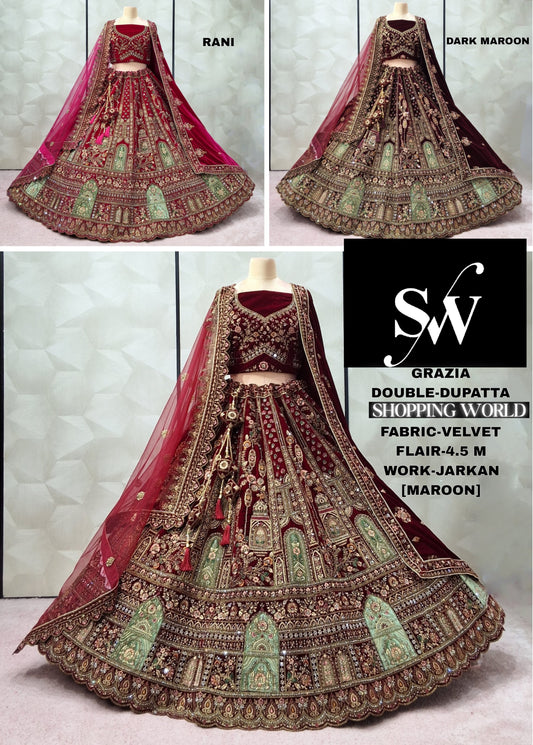 Engaging Dark Maroon Rani pink Maroon Velvet Bridal Lehenga