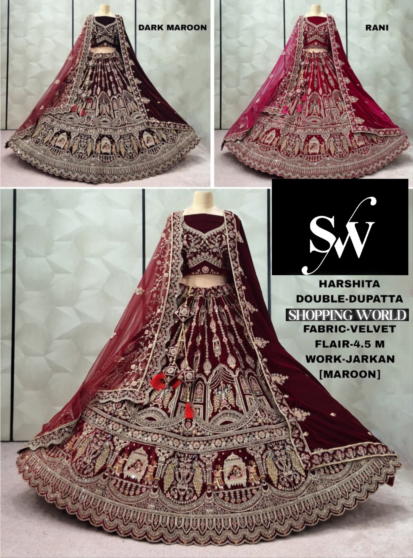 Elegant Dark Maroon Rani pink Maroon peacock Velvet Bridal Lehenga