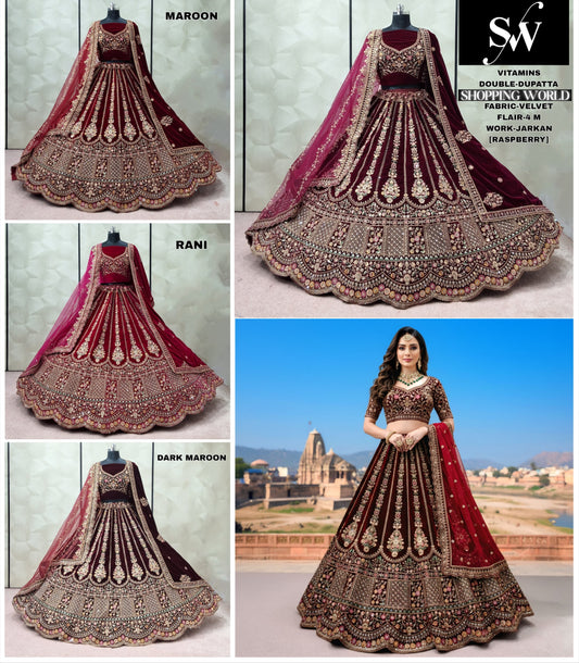 Delightful Maroon Dark Maroon Rani pink Raspberry Velvet Bridal Lehenga