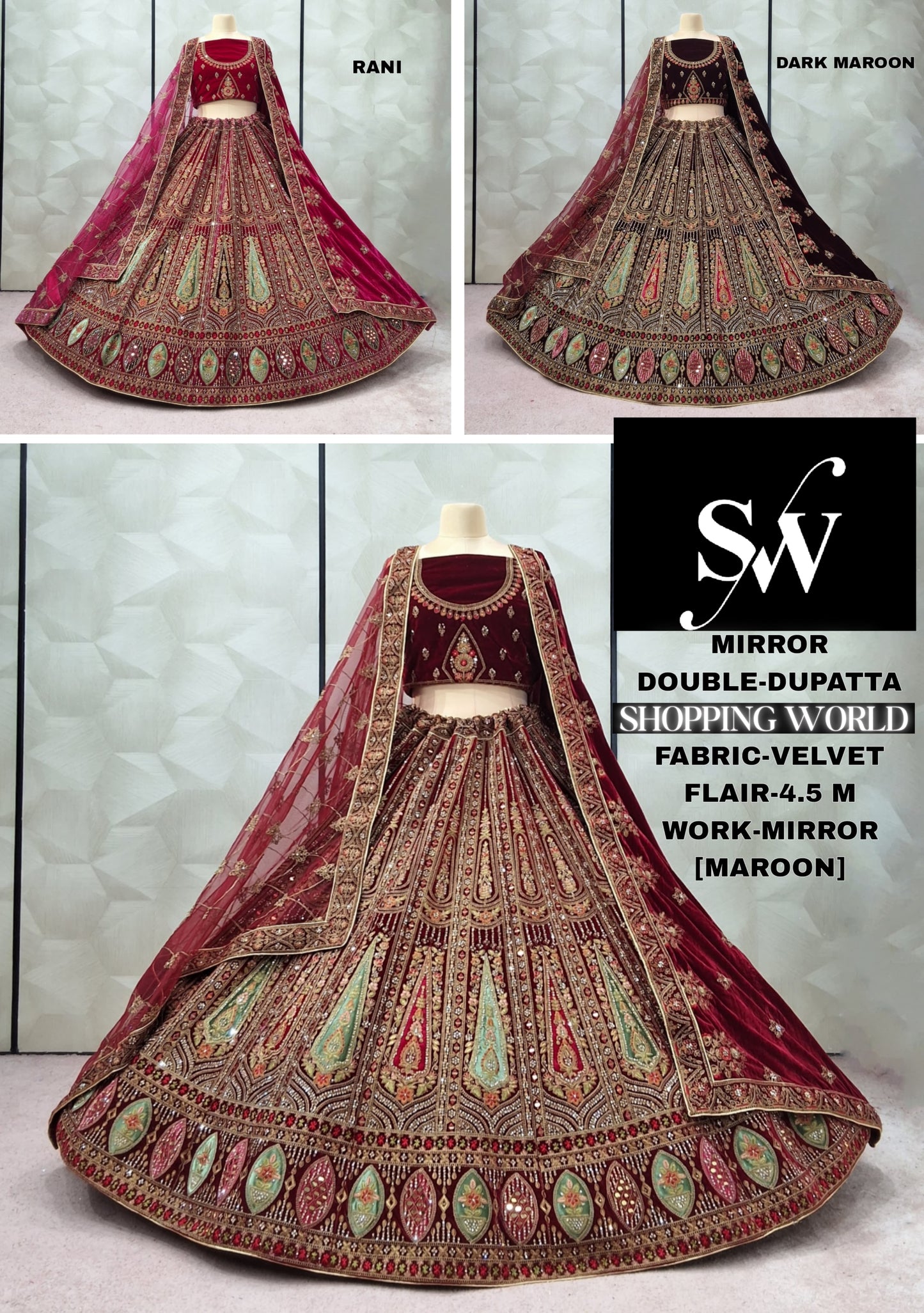 Embellished Maroon Dark Maroon Rani pink Velvet Bridal Lehenga