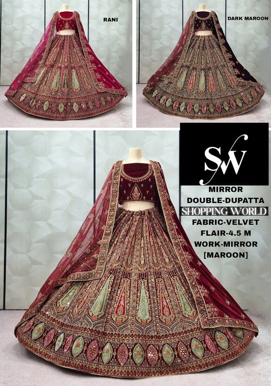 Embellished Maroon Dark Maroon Rani pink Velvet Bridal Lehenga