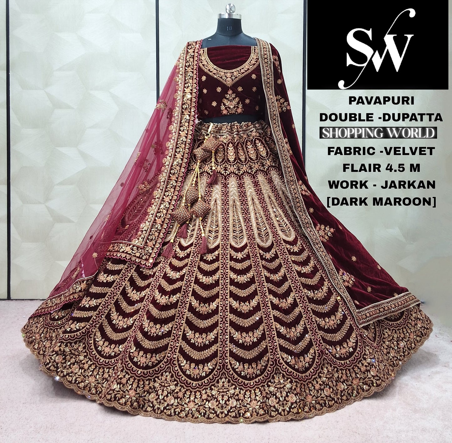 Pleasing Maroon Dark Maroon Rani pink Double Dupatta Velvet Bridal Lehenga