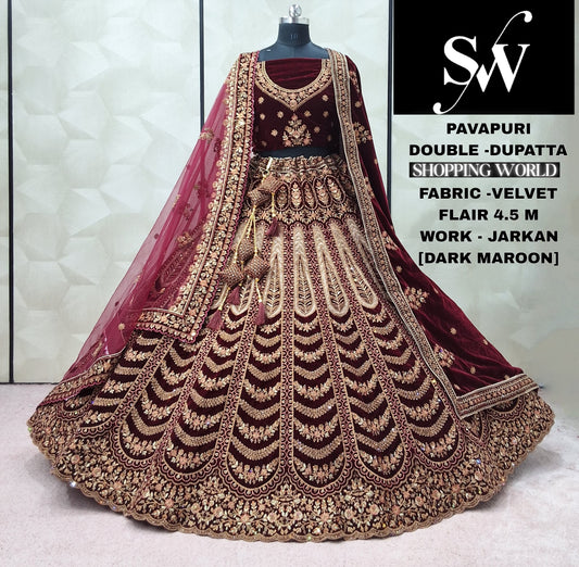 Majestic Dark Maroon Maroon Rani pink Double Dupatta Velvet Bridal Lehenga