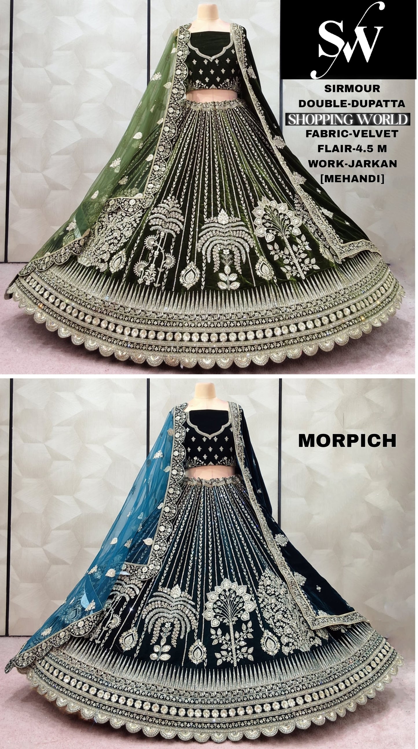 Eye Catching mehendi Green Morpich blue Velvet Lehenga