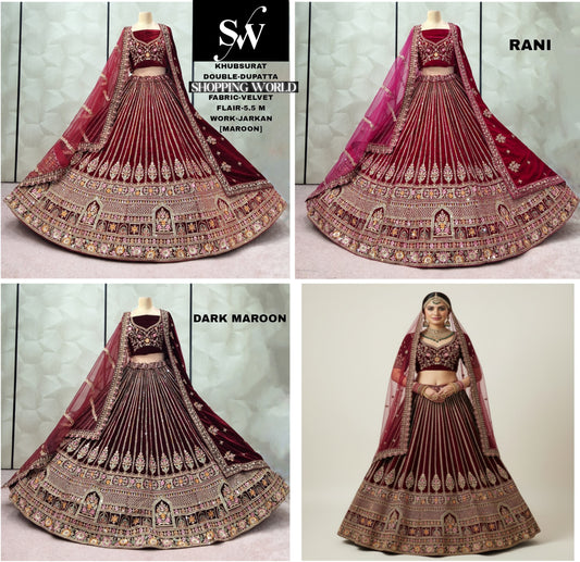 Charming Dark Maroon Maroon Rani pink Double Dupatta Velvet Bridal Lehenga