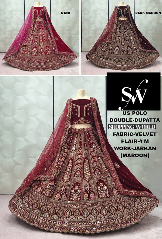 Khoobsurat Maroon Dark Maroon Rani pink Double Dupatta Velvet Bridal Lehenga