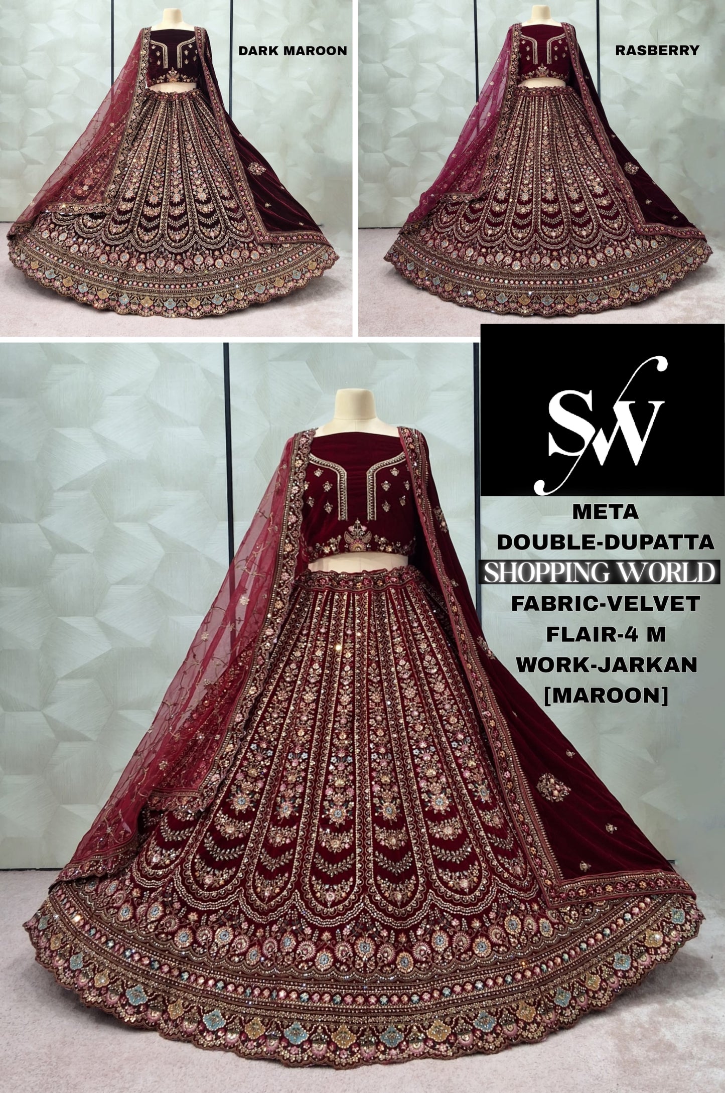Beautiful Maroon Dark Maroon Raspberry Double Dupatta Velvet Bridal Lehenga