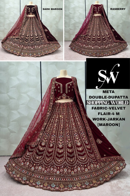 Beautiful Maroon Dark Maroon Raspberry Double Dupatta Velvet Bridal Lehenga