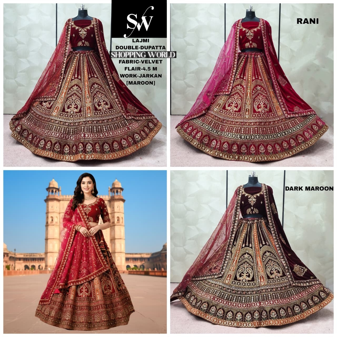 Pretty peacock Maroon Dark Maroon Rani pink Double Dupatta Velvet Bridal Lehenga