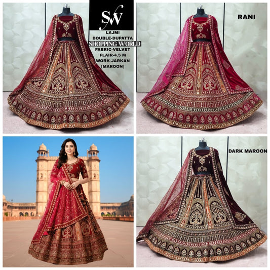 Pretty peacock Maroon Dark Maroon Rani pink Double Dupatta Velvet Bridal Lehenga