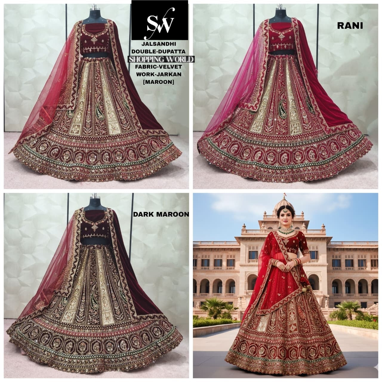 Good looking Maroon Dark Maroon Rani pink Double Dupatta Velvet Bridal Lehenga