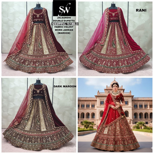 Good looking Maroon Dark Maroon Rani pink Double Dupatta Velvet Bridal Lehenga