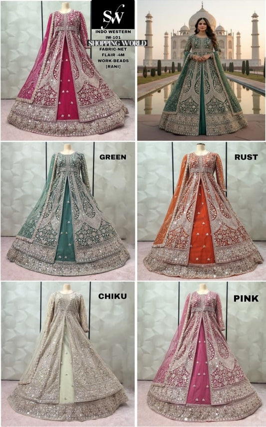 Pretty green Rani pink Rust orange Chiku golden Pink Net Lehenga