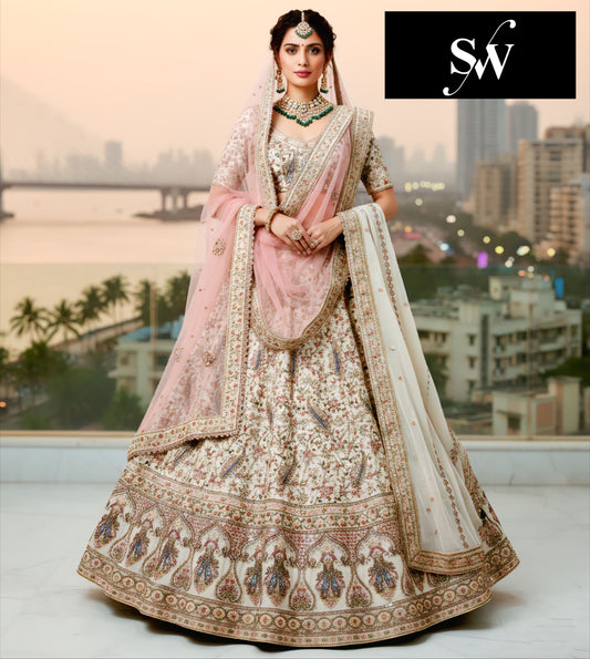 Tremendous Chiku white pink Double Dupatta Tissue Lehenga