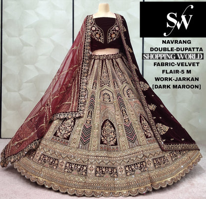 Eye Catching Maroon Dark Maroon Rani pink Velvet Double Dupatta Bridal Lehenga