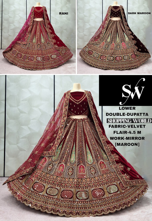 Beautiful Rani Pink Dark maroon Maroon Velvet Double Dupatta Bridal Lehenga