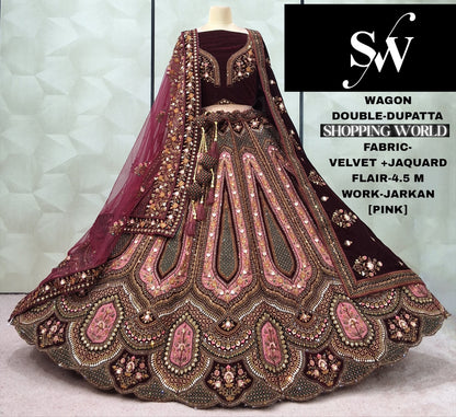 Lavishing Maroon peach Rani pink Velvet Double Dupatta Bridal Lehenga