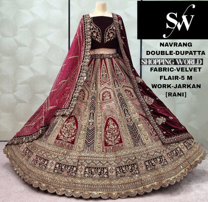 Eye Catching Maroon Dark Maroon Rani pink Velvet Double Dupatta Bridal Lehenga