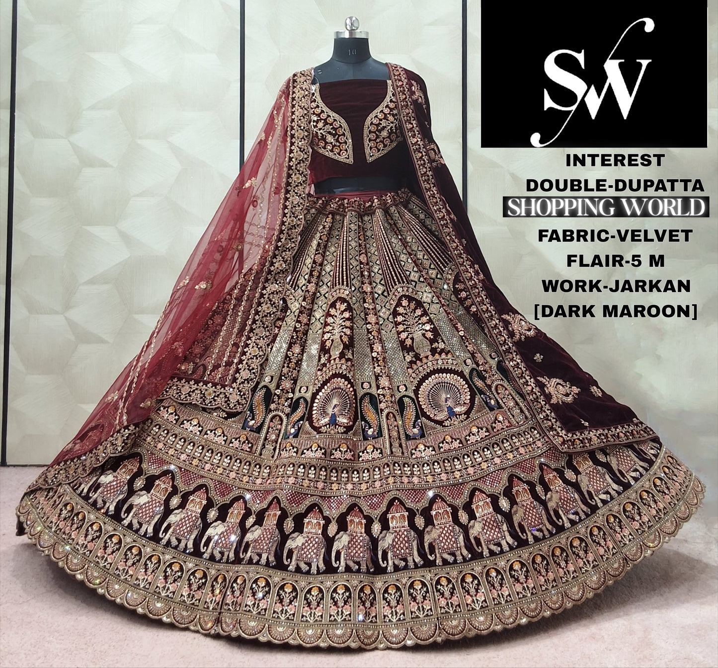 Fabulous Maroon Rani pink Dark Maroon peacock Velvet Double Dupatta Bridal Lehenga