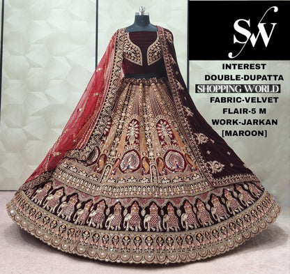 Fabulous Maroon Rani pink Dark Maroon peacock Velvet Double Dupatta Bridal Lehenga