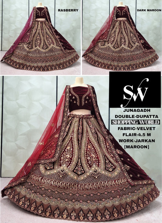 Khoobsurat Maroon Velvet Double Dupatta Bridal Lehenga