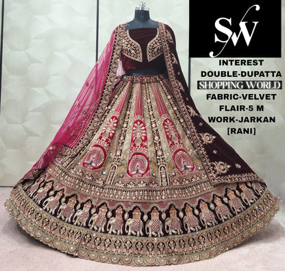 Fabulous Maroon Rani pink Dark Maroon peacock Velvet Double Dupatta Bridal Lehenga